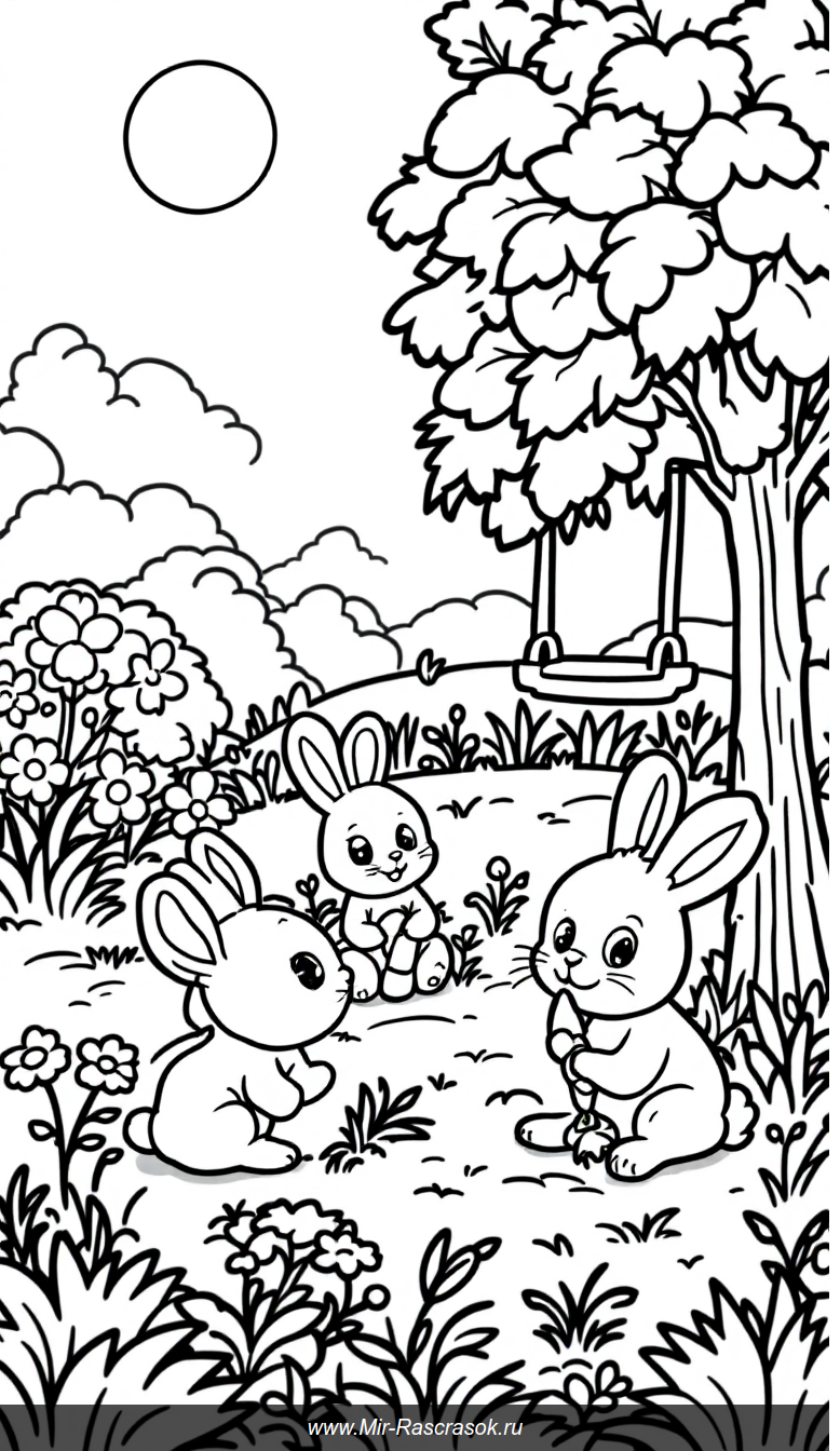 Веселые кролики на лугу в раскраске для детей