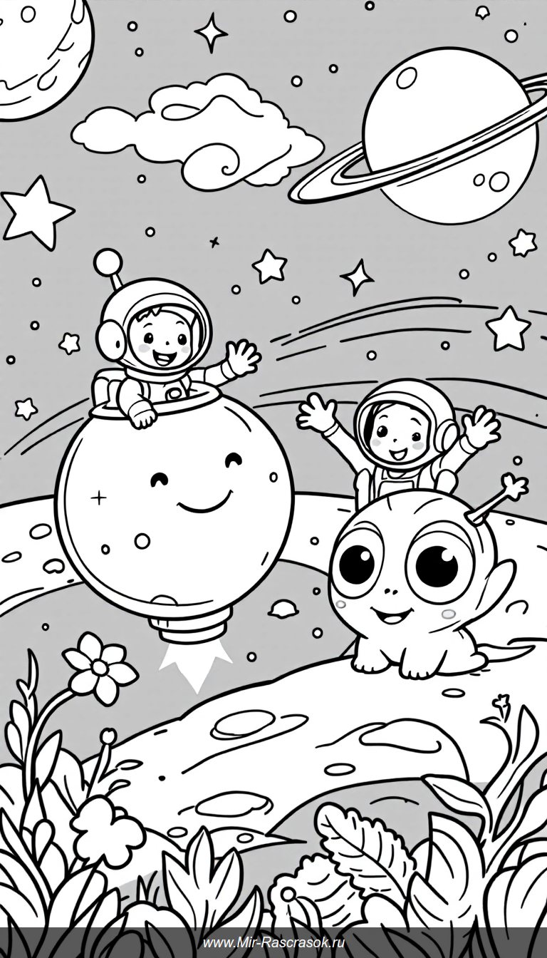 Погрузитесь в мир дружелюбных космических приключений с нашими замечательными раскрасками 🚀👩‍🚀👽 Простые и милые персонажи создадут атмосферу радости и творчества для детей всех возрастов 🌟 Цветные путешествия по луне и звездам ждут вас прямо сейчас 🎨✨