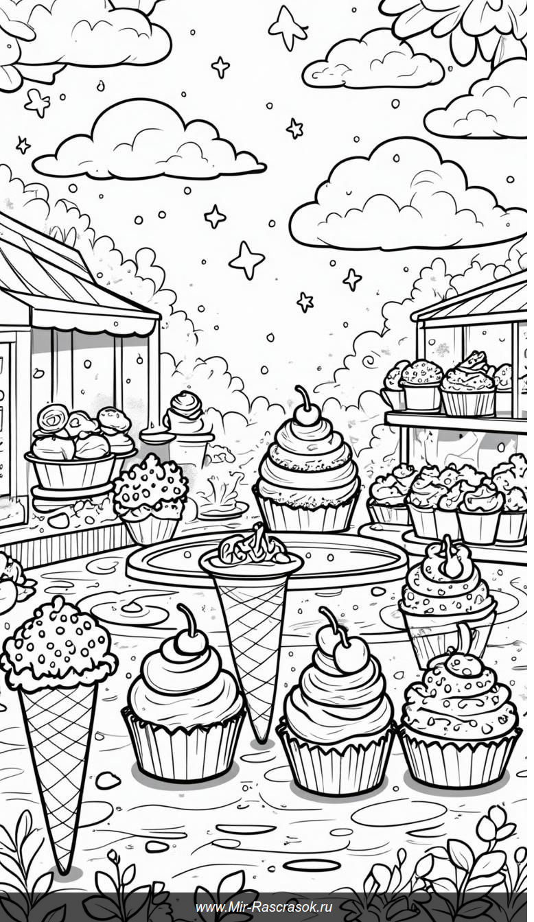 Чудеса кондитерской цветных сладостей для раскрашивания