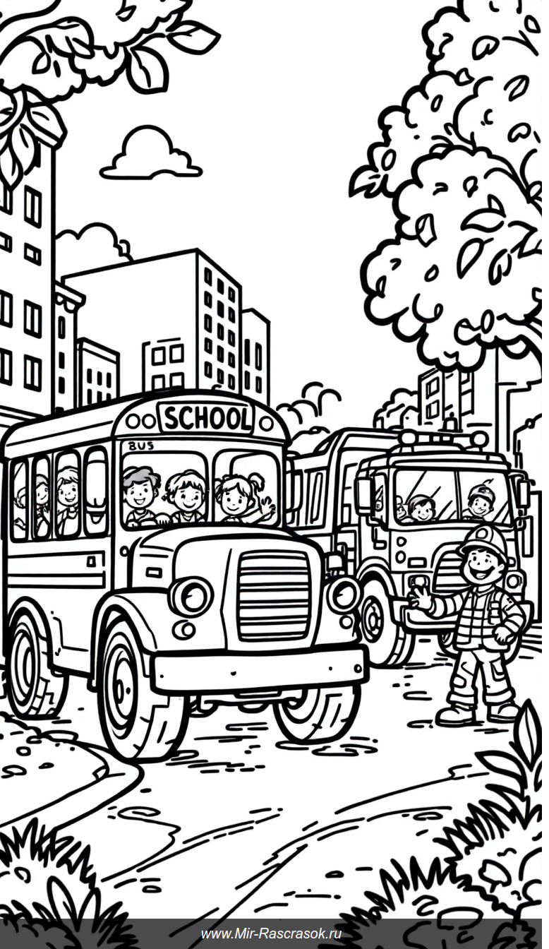 Весёлая городская сцена для раскраски с автобусом грузовиком и пожарной машиной