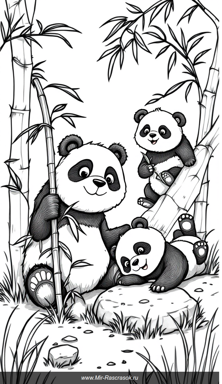 Веселые панды в бамбуковом лесу раскраска для детей