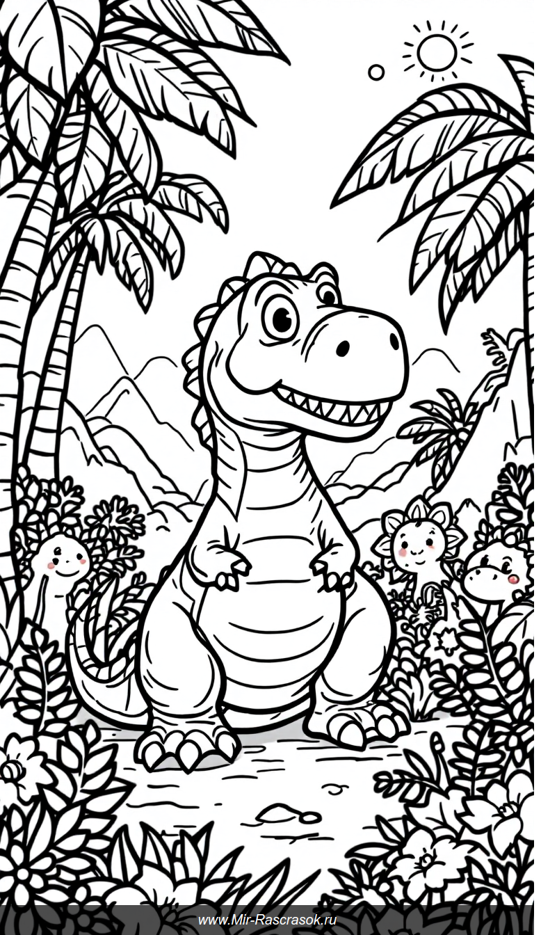 Весёлый Тираннозавр и друзья в доисторическом раскраске для детей