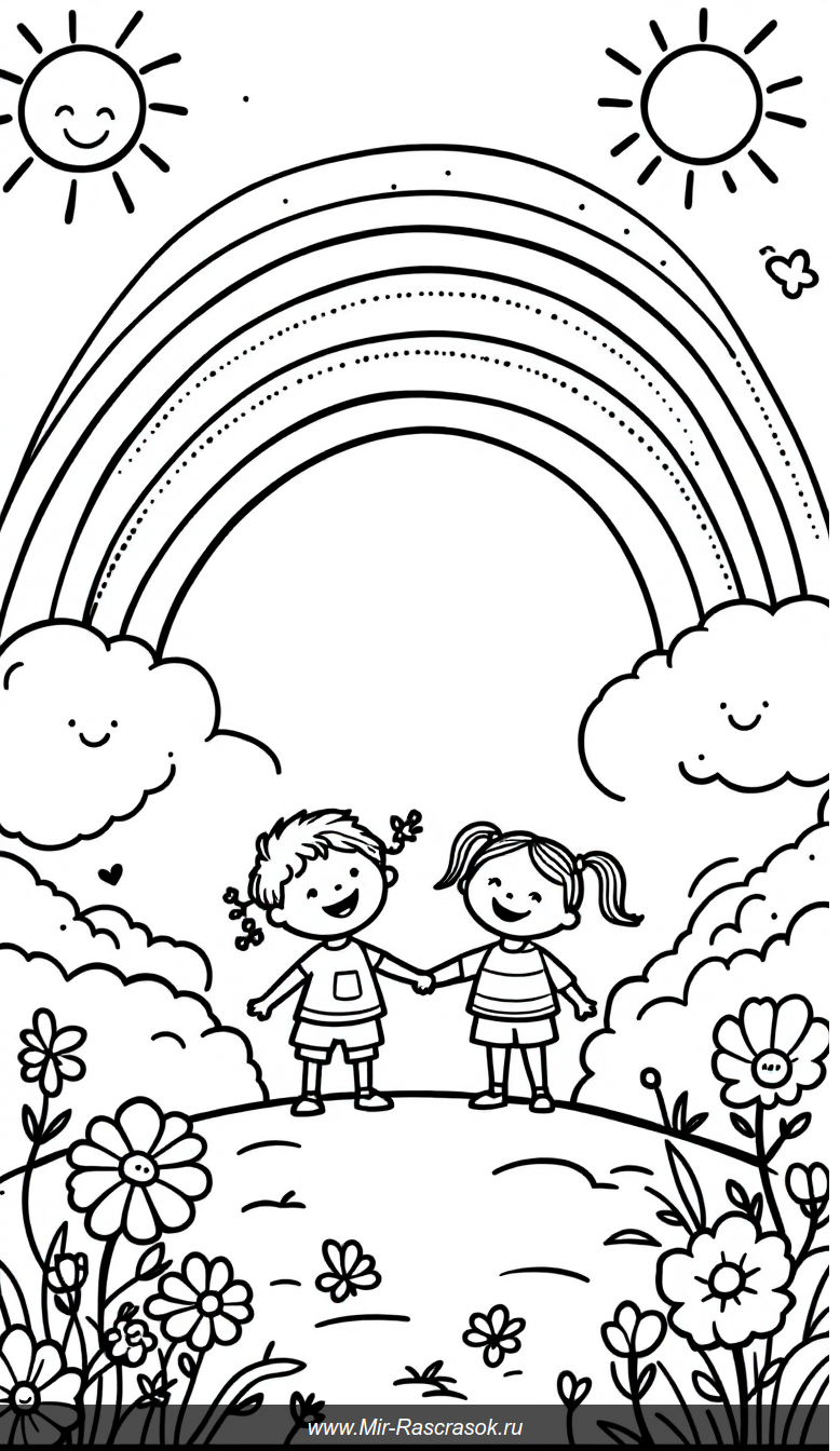 Веселая раскраска с радужными облаками и улыбающимися детьми