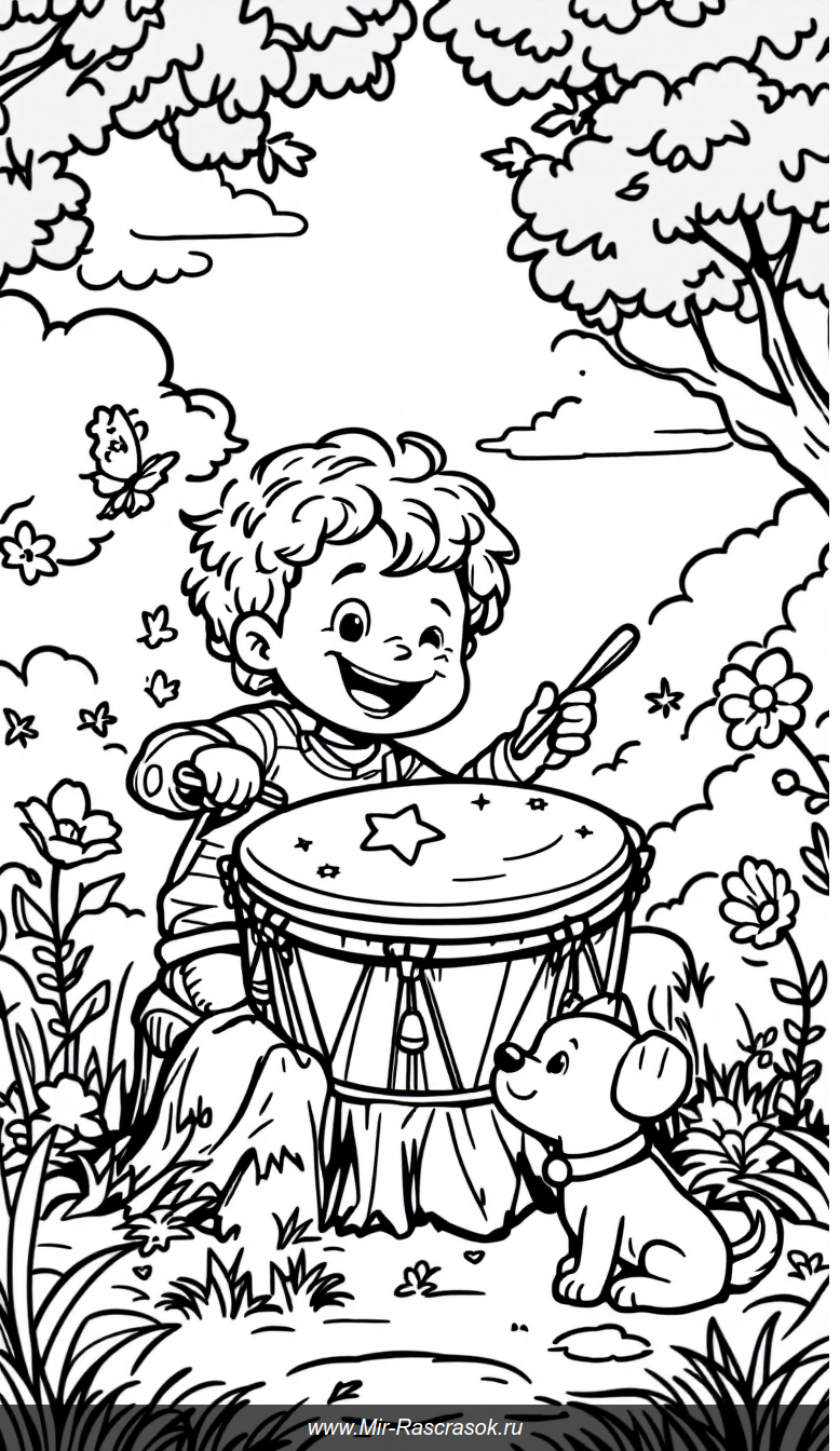 Весёлый малыш играет на барабане в солнечном парке раскраска для детей
