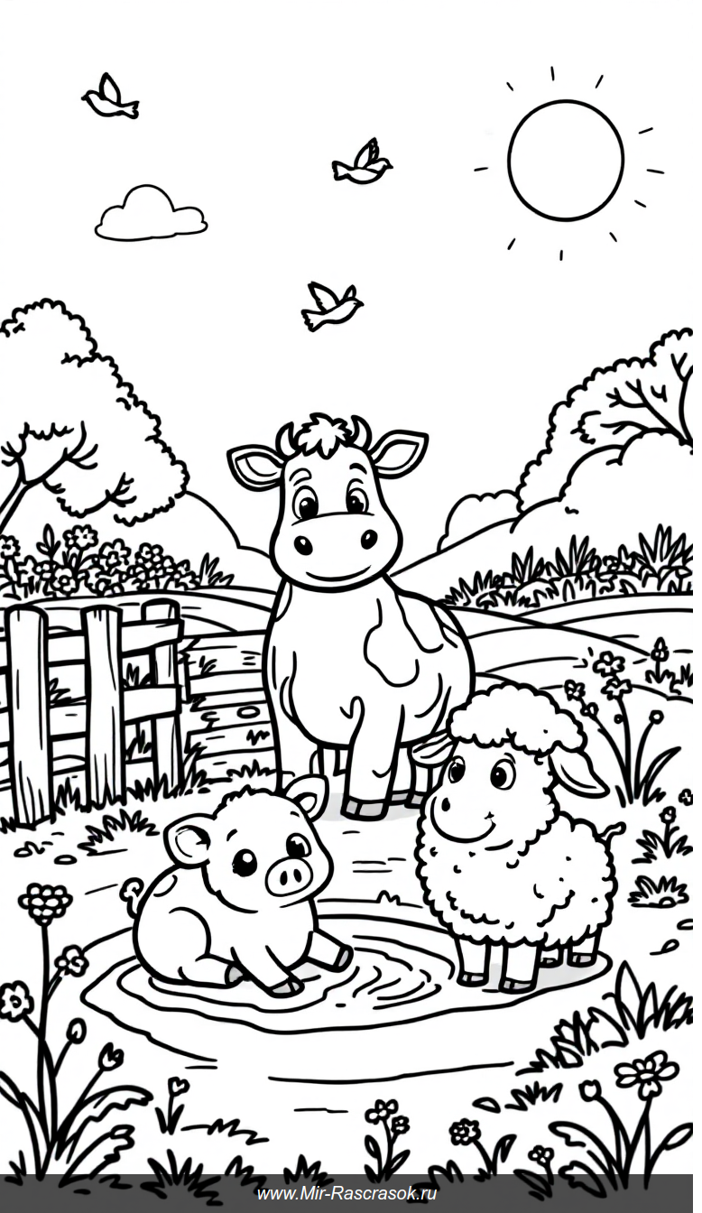 Веселая ферма для раскрашивания с добрыми животными и солнцем