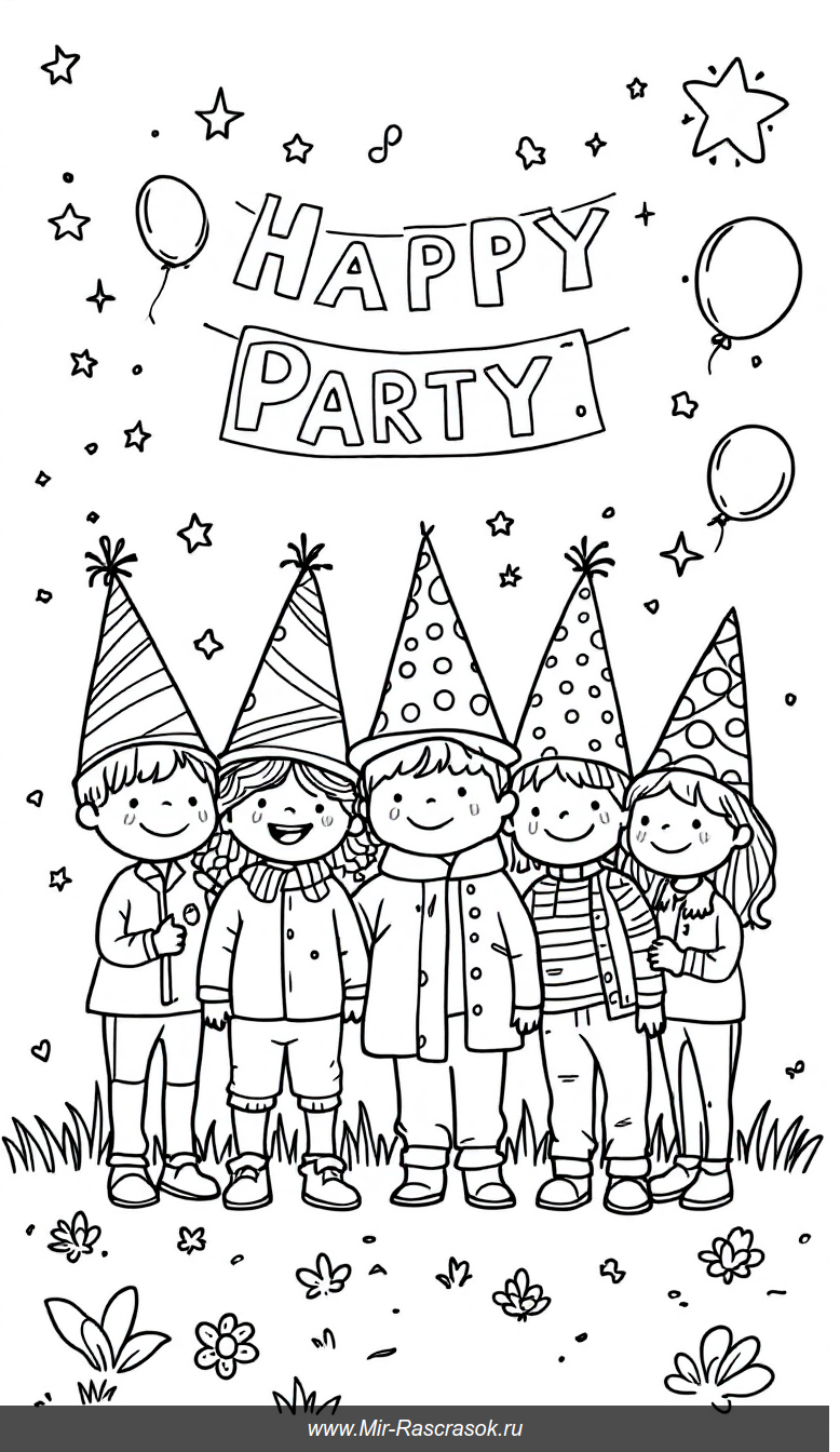 Весёлый праздник в раскраске для детей с яркими шапками и воздушными шарами
