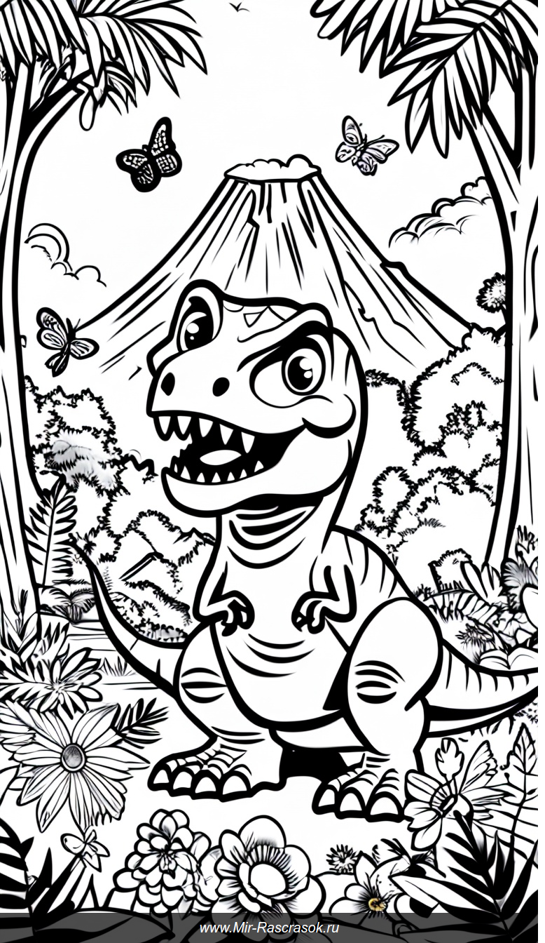 Детская раскраска с дружелюбным Ти-Рексом в доисторическом джунглях