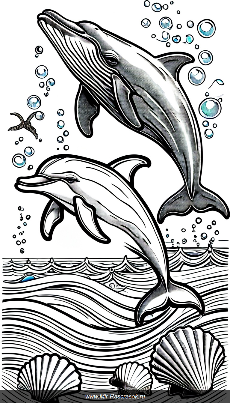 Раскраска с дельфинами и китом в волнах моря среди ракушек и пузырей