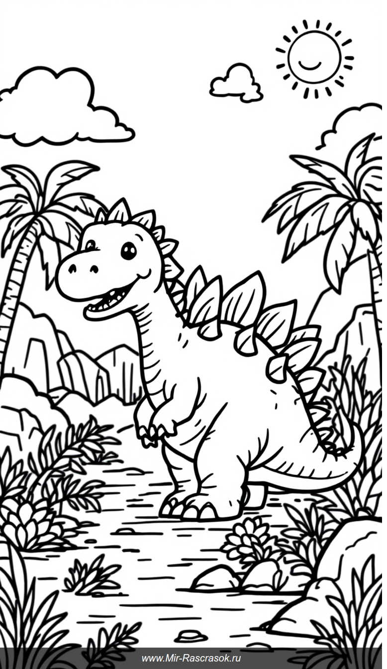 Дружелюбный Стегозавр на солнечной доисторической поляне для раскрашивания