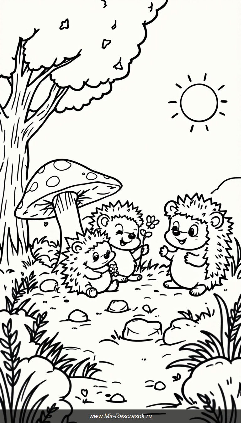 Веселые ёжики в лесу простая и увлекательная раскраска для детей
