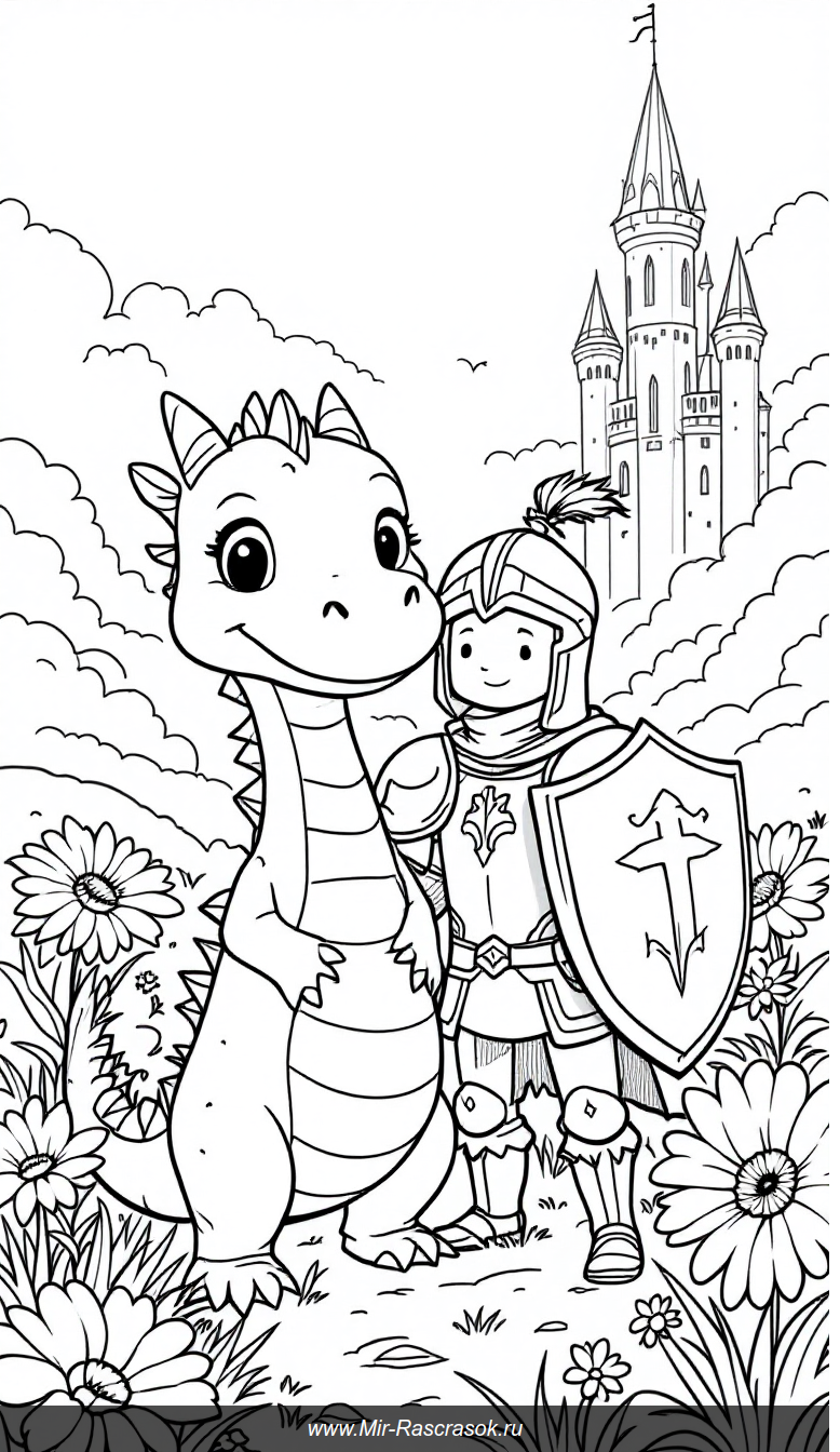Дружба рыцаря и дракона на цветущем лугу для детской раскраски