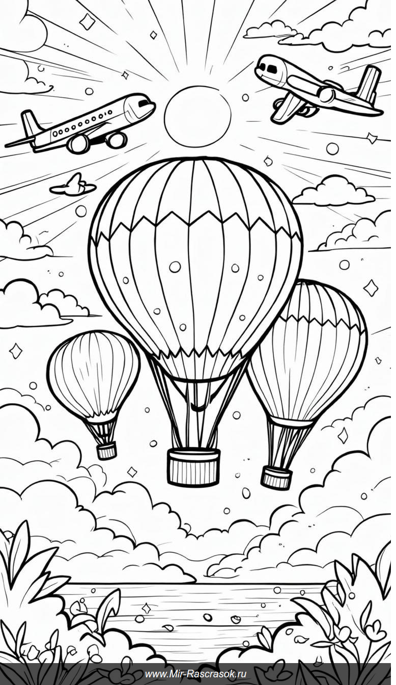Красочный мир воздушных шаров и самолетов для раскрашивания