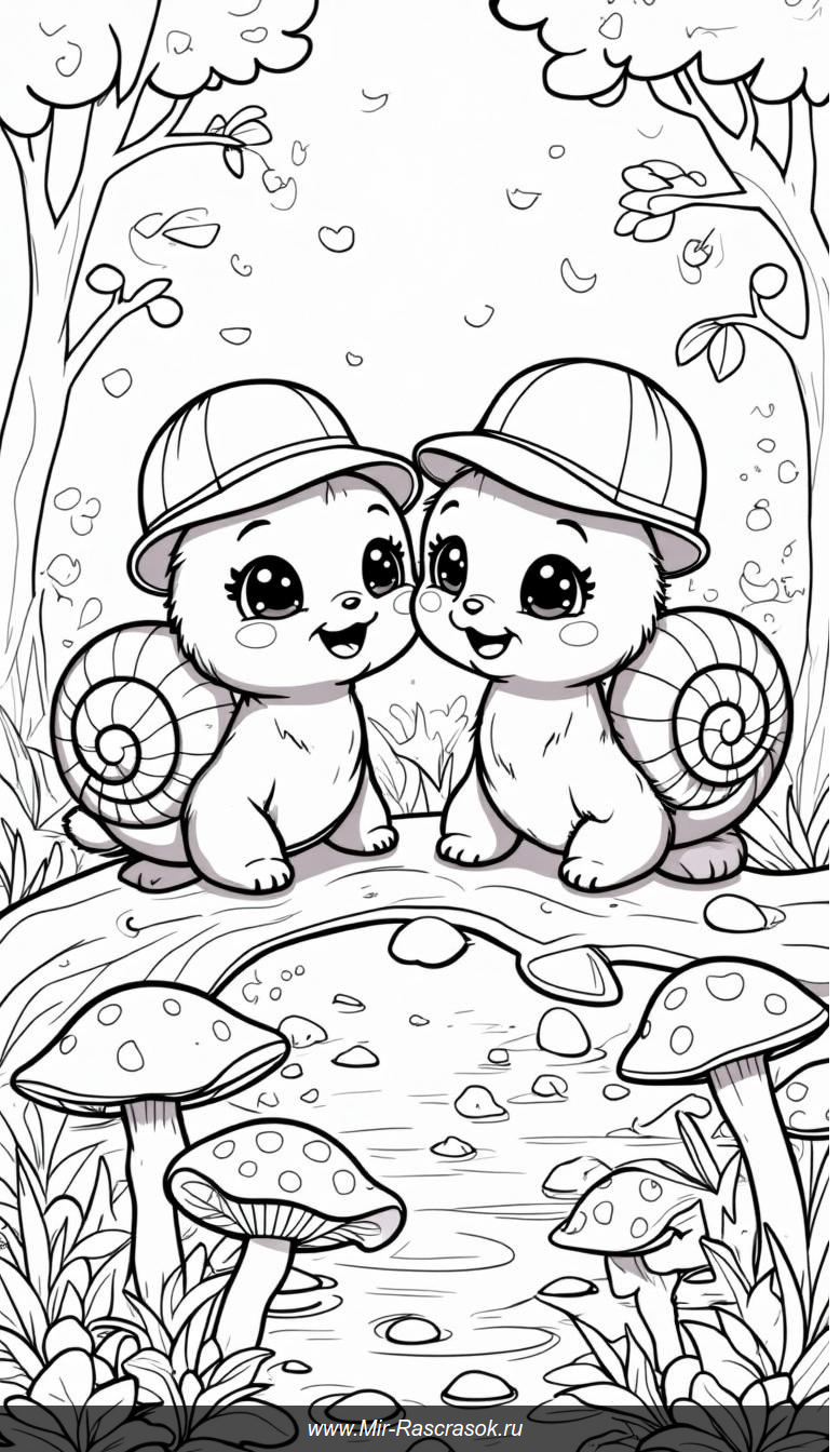 Весёлые улитки в шляпах на ветке