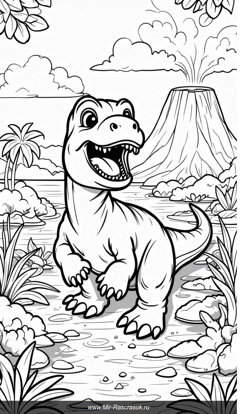 Игривые динозаврики в черно-белой раскраске