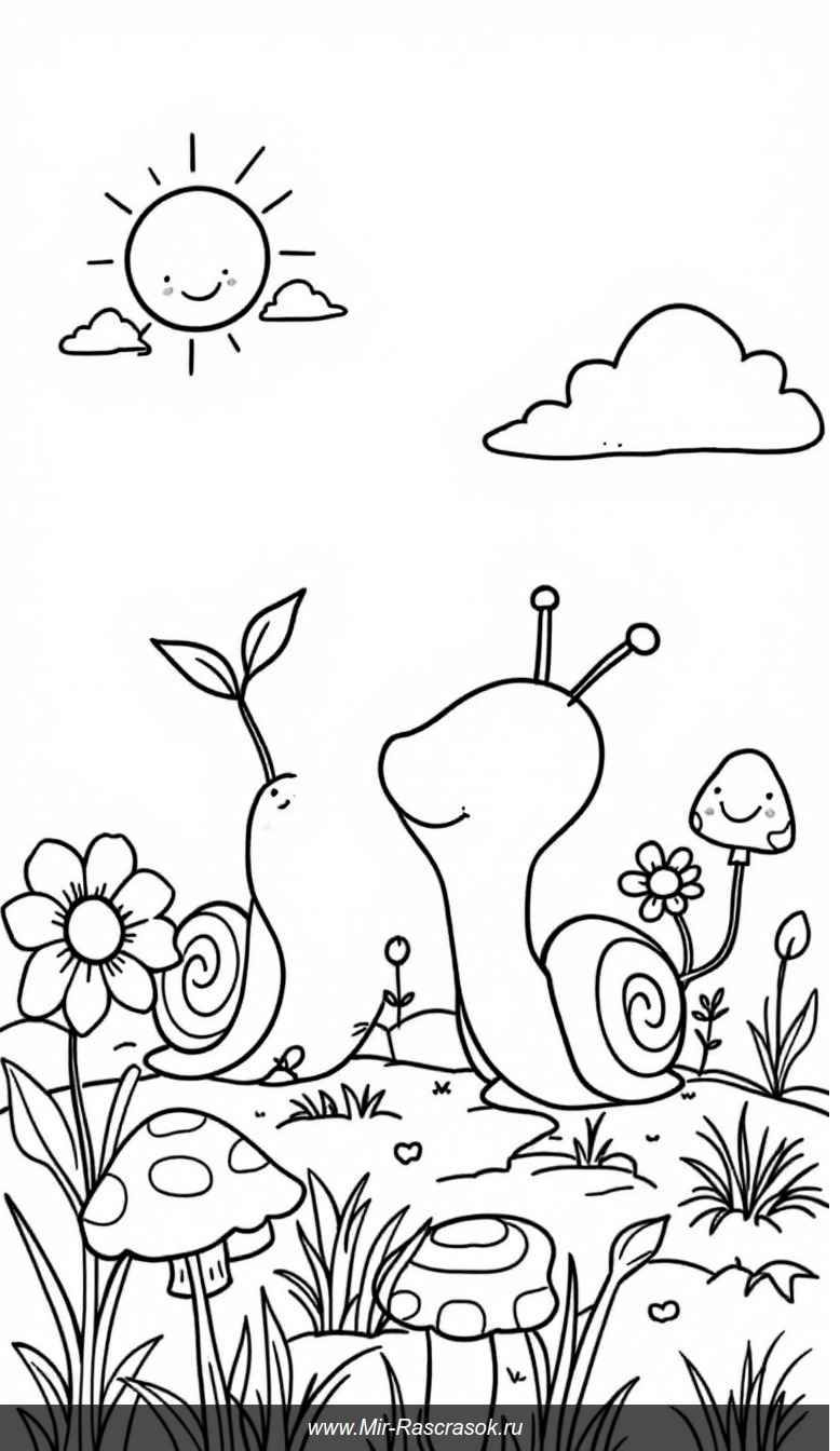 Веселые улитки на солнечной поляне для детской раскраски