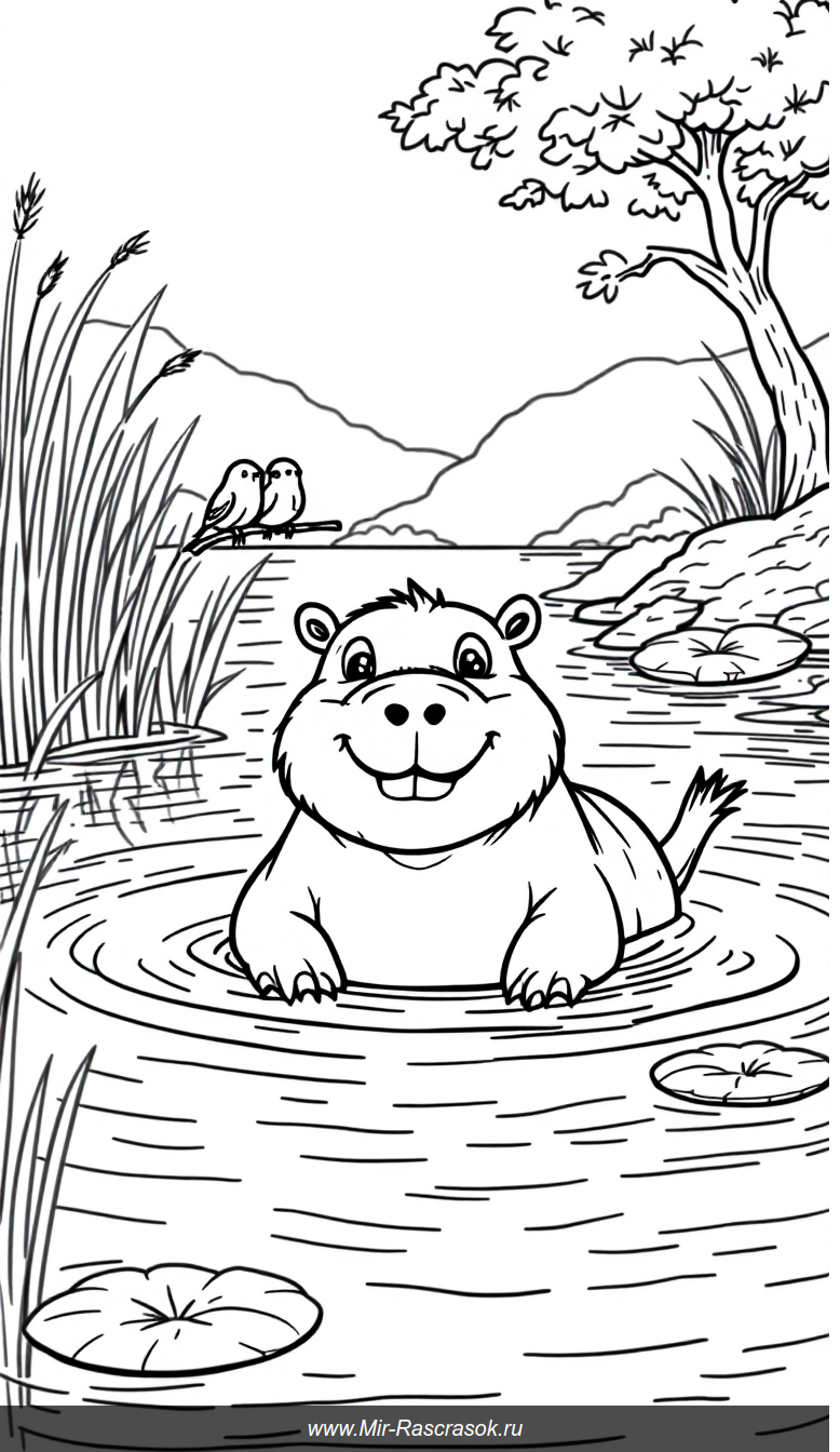 Веселая капибара в спокойной реке раскраска для детей