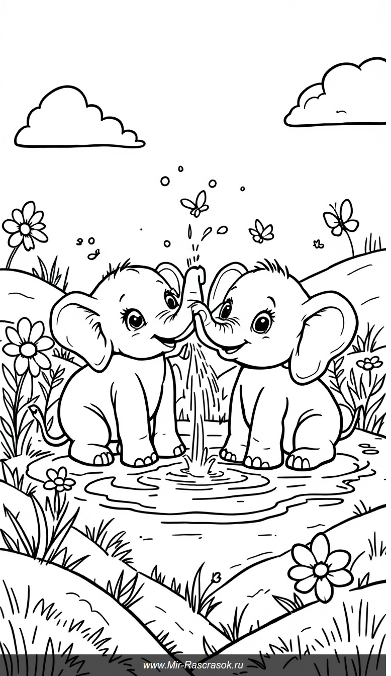 Весёлые слонята в цветущем лугу для детской раскраски
