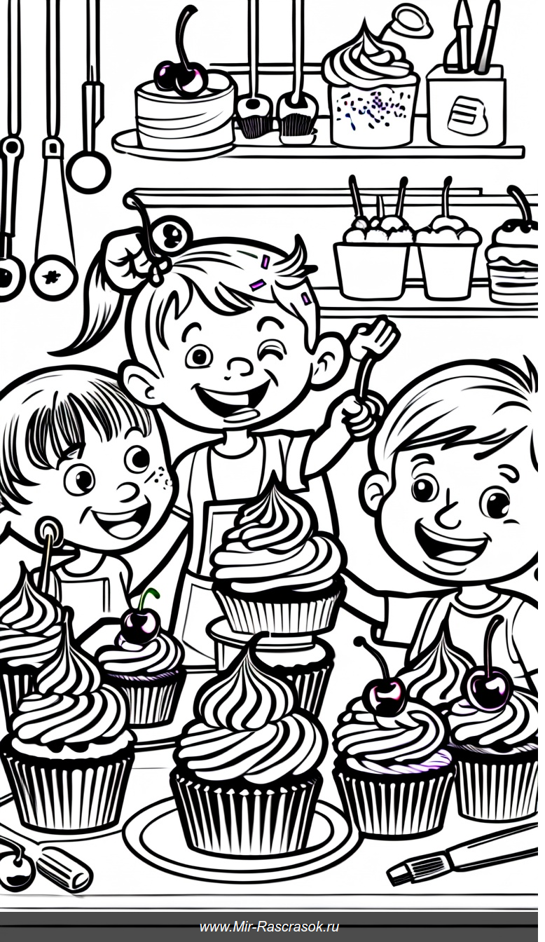 Раскраска радостный день украшения кексов с детьми и кондитерскими инструментами