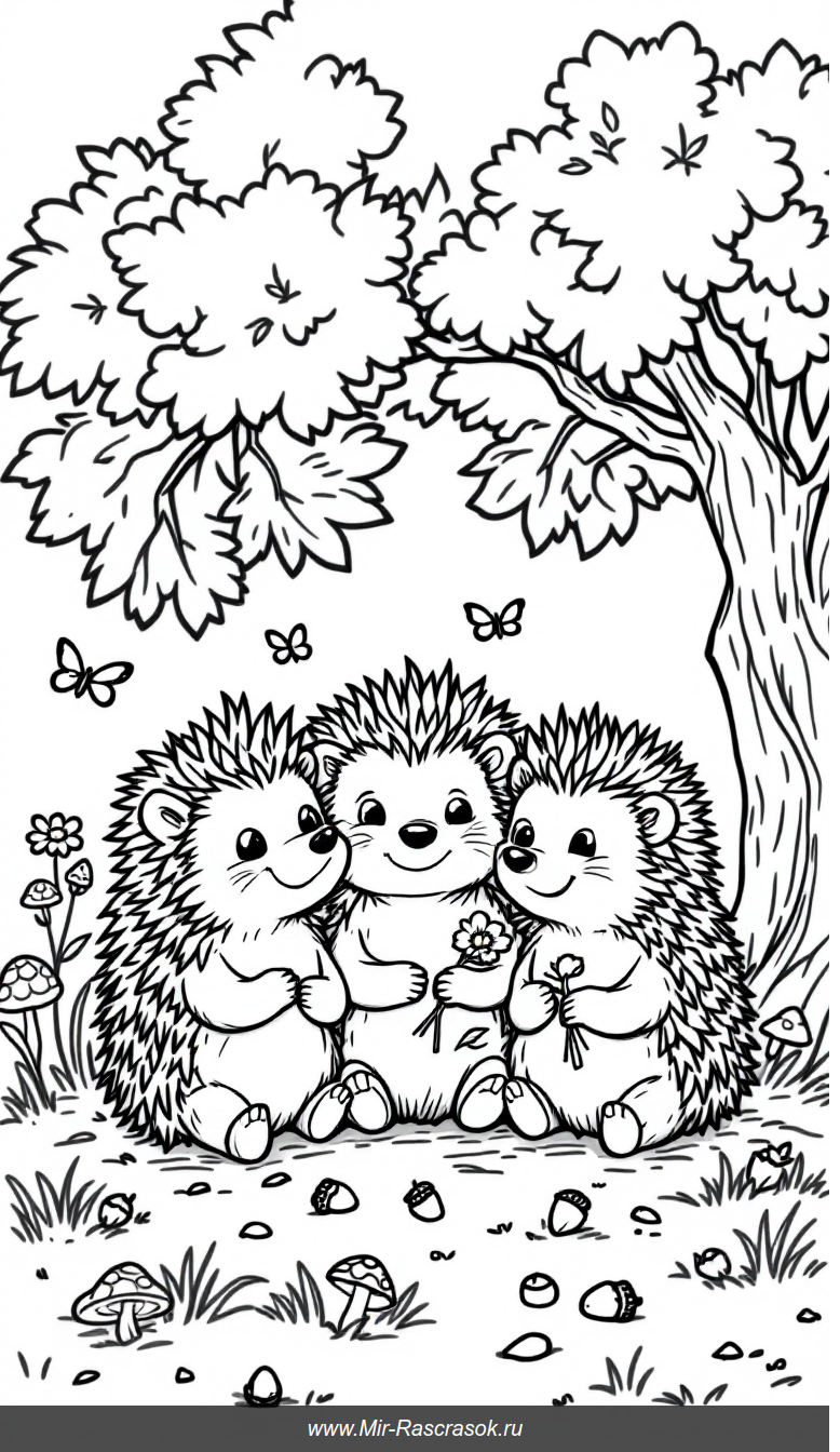 Веселые ёжики под большим деревом в раскраске для детей
