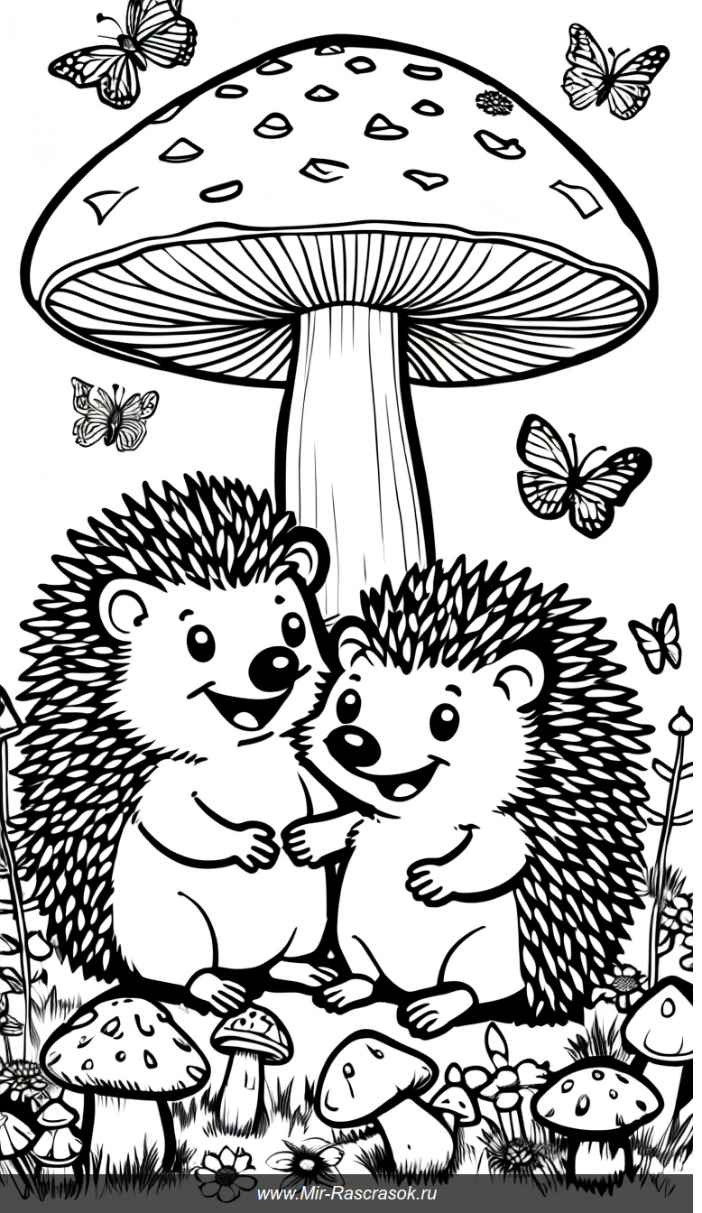 Раскраска с веселыми ежиками под грибом в волшебном лесу