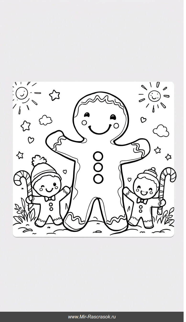 Радостные пряничные друзья приглашают раскрасить праздничную сцену