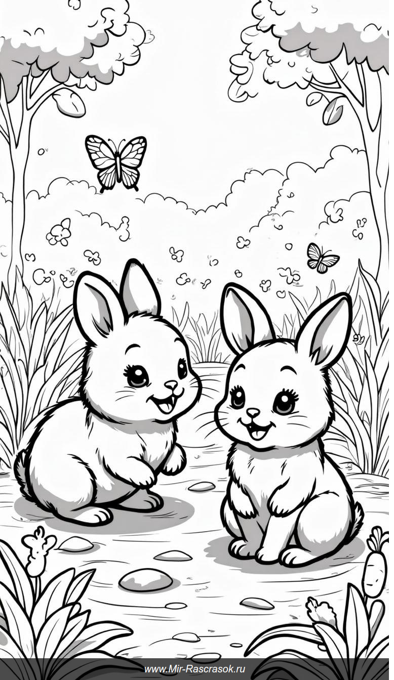 Три крольчонка в саду с морковкой и бабочками