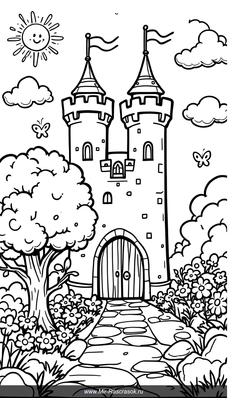 Веселый замок и сад для детской раскраски с улыбками и бабочками