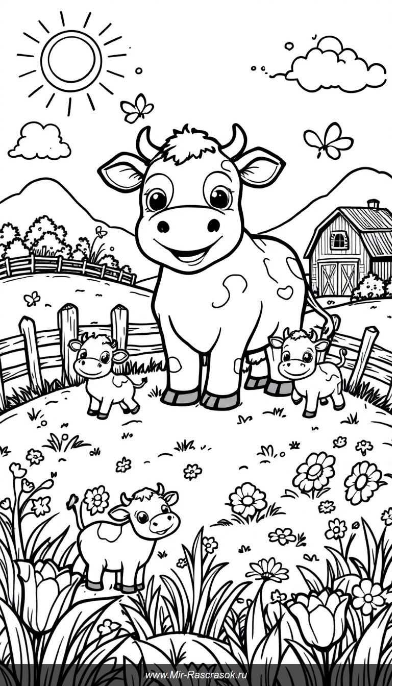 Веселая ферма для раскрашивания с добрыми коровками в яркий солнечный день