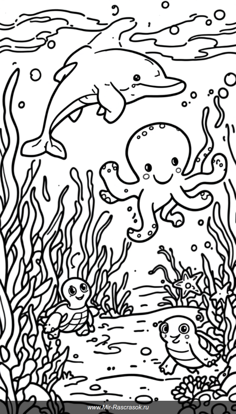 Погрузитесь в мир подводных друзей с нашей раскраской где доброе дельфин с улыбкой плавает рядом с веселым осьминогом и черепашкой 🐬🐙🐢 Раскрашивайте звездочек и забавных крабов на морском дне развивая фантазию и мелкую моторику детей 🌟🦀 Наслаждайтесь простыми и радостными рисунками для малышей!