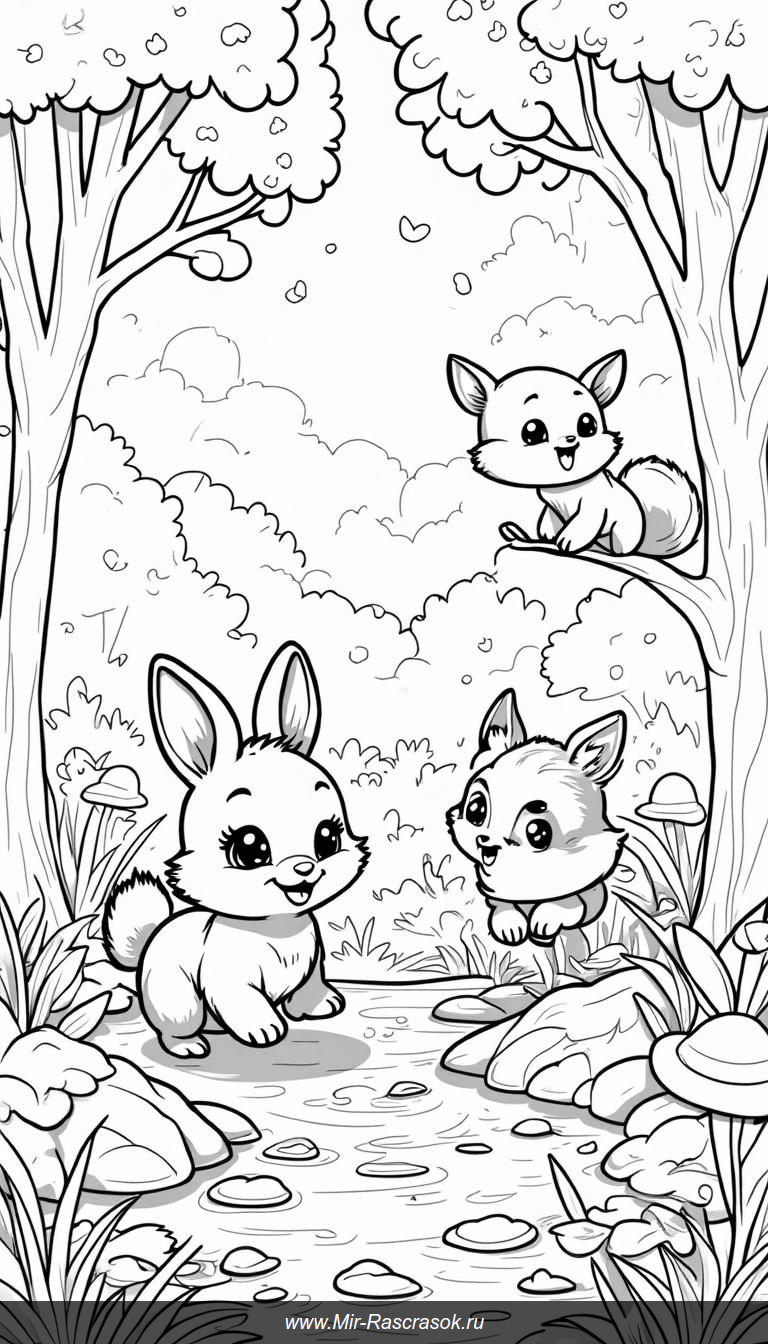 Раскраска веселых животных в лесу для творчества