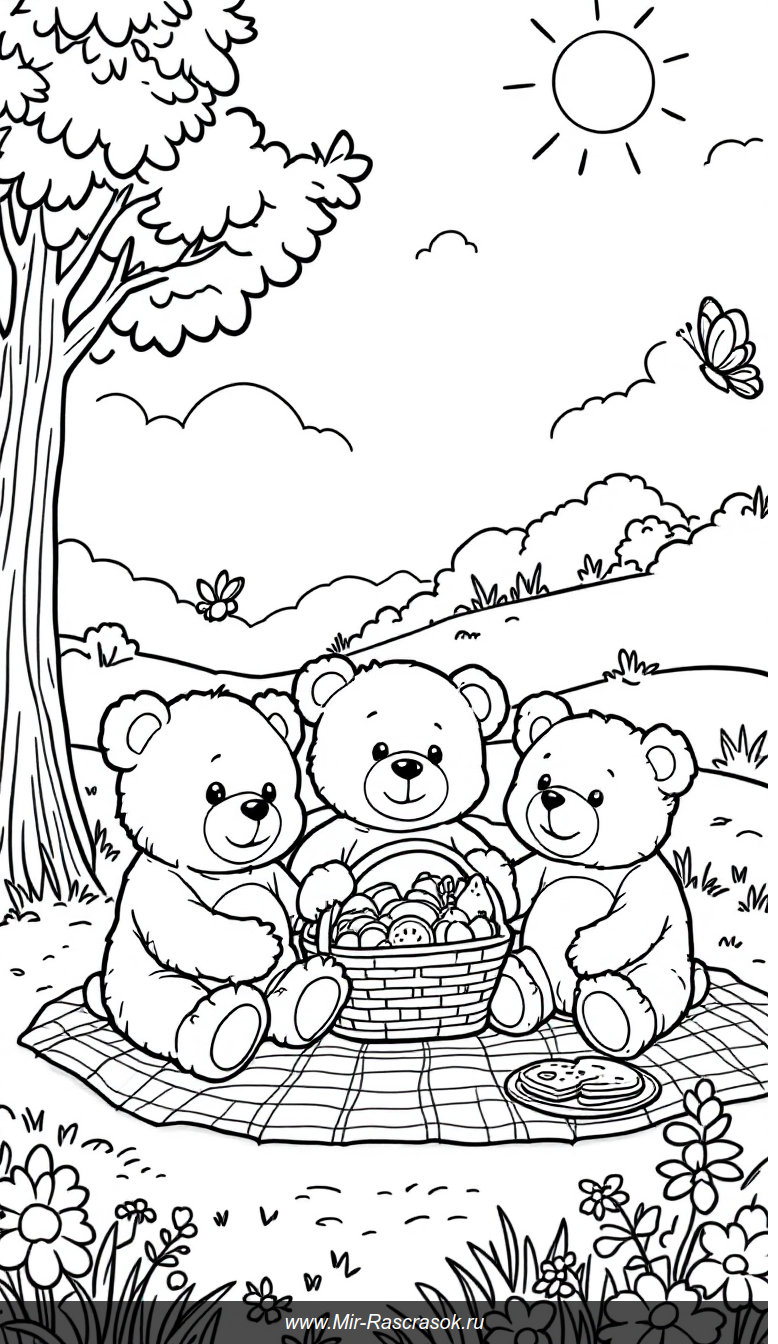 Веселый пикник медвежат раскраска для детей с простыми контурами