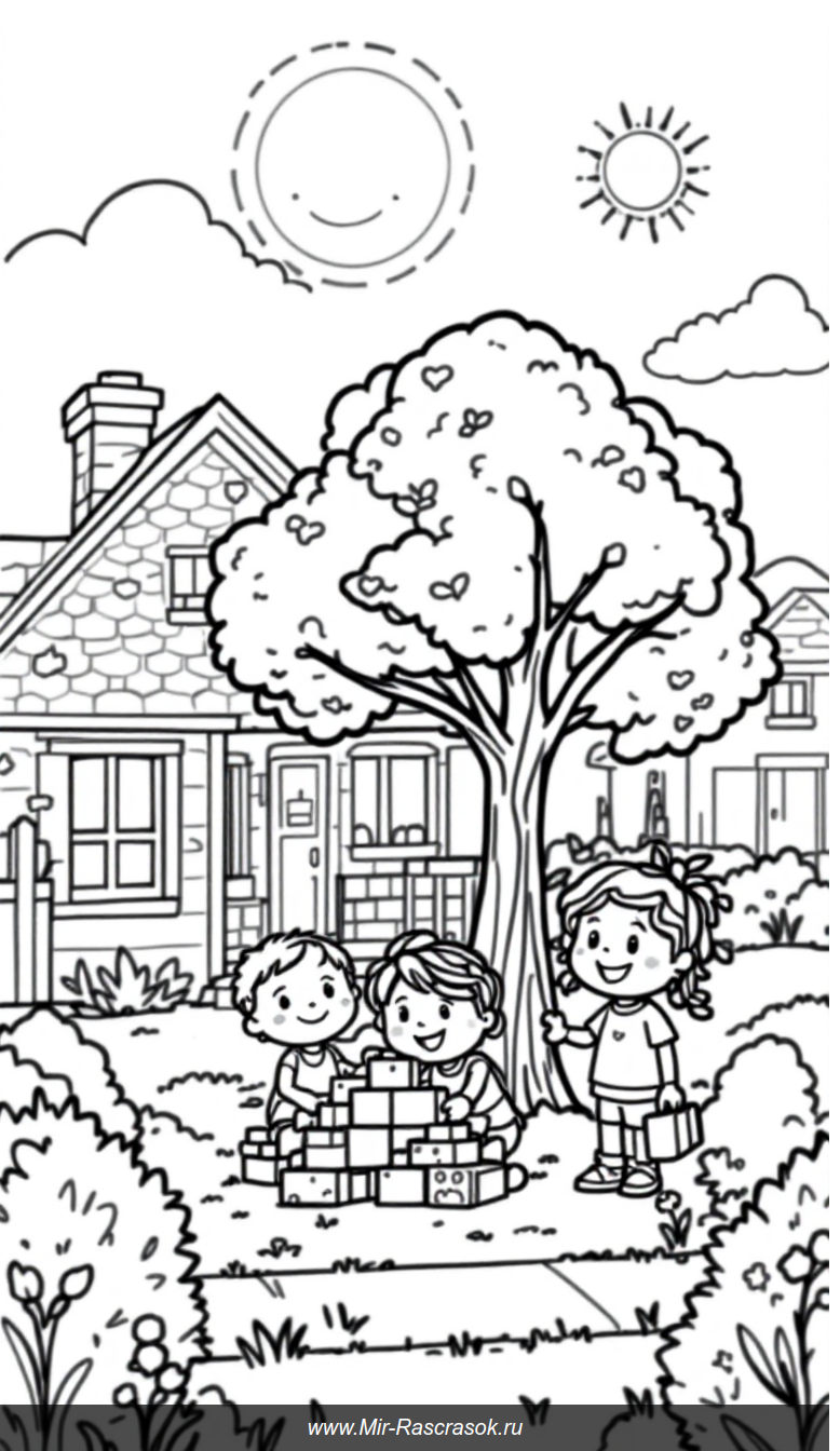 Детская раскраска с веселым домиком и строительством домика на дереве в Блоксбурге