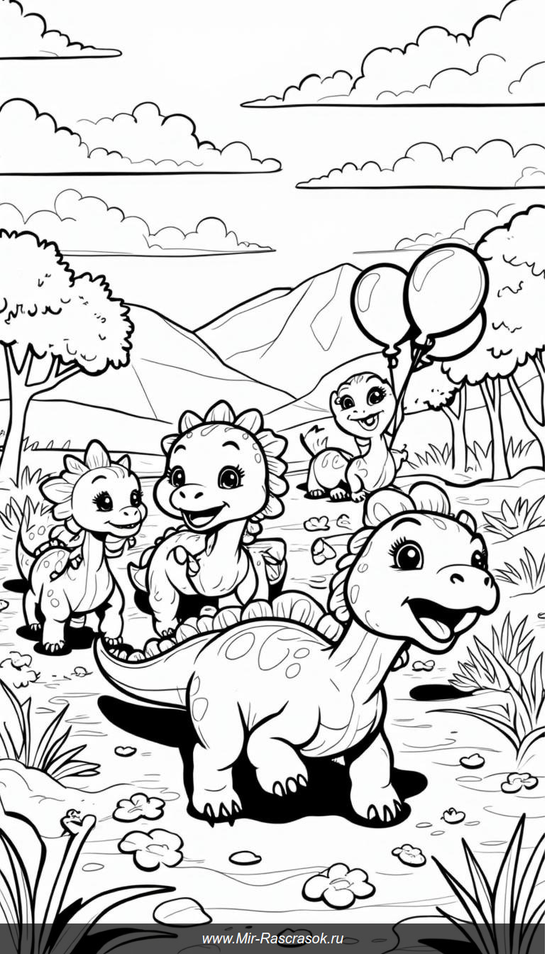 Весёлый парад динозавров с шарами и цветами