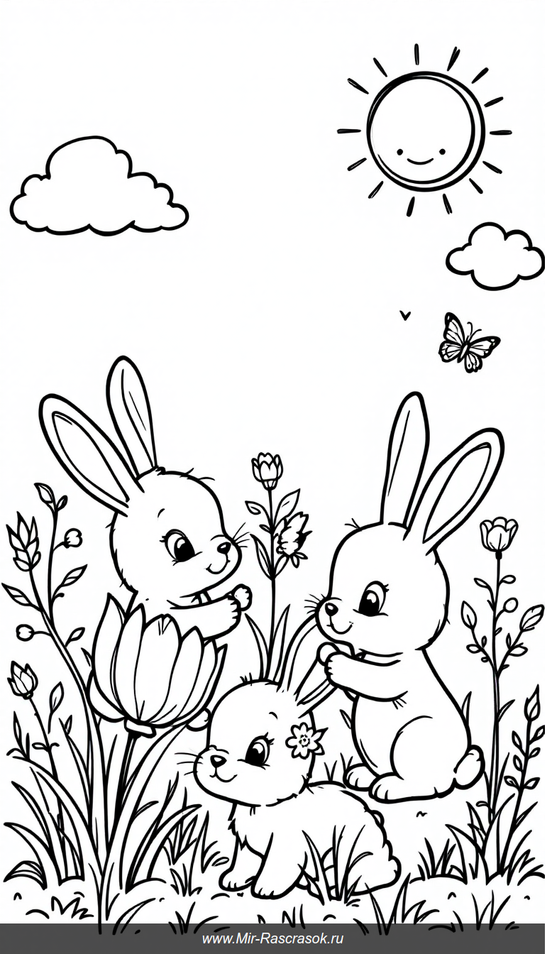Забавные кролики на солнечной поляне раскраска для детей