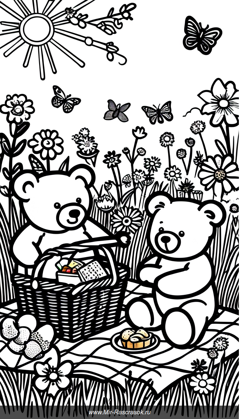 Медвежата на пикнике в солнечном лугу раскраска для детей