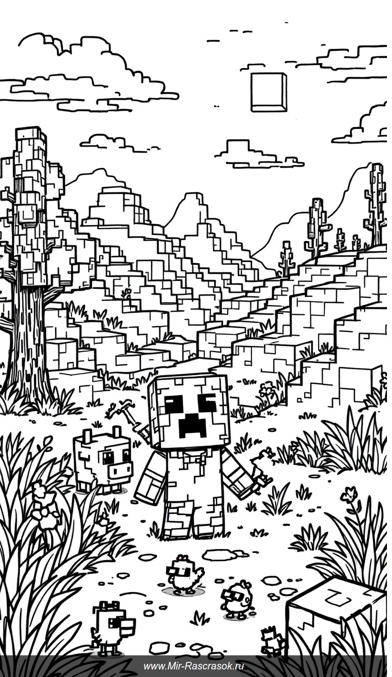 Весёлая раскраска с блоками и героями Майнкрафта для детей