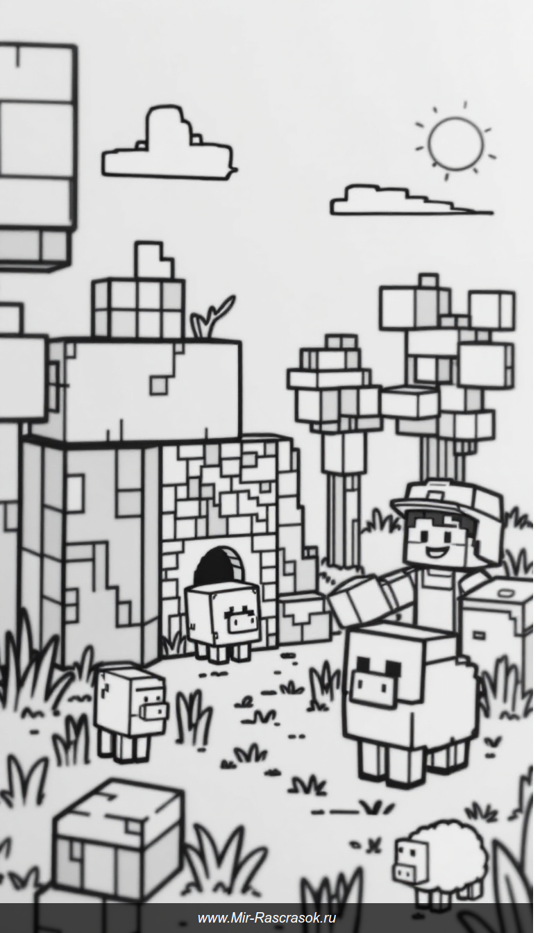 Раскраска Майнкрафт с дружелюбными героями и простыми фигурами для детей