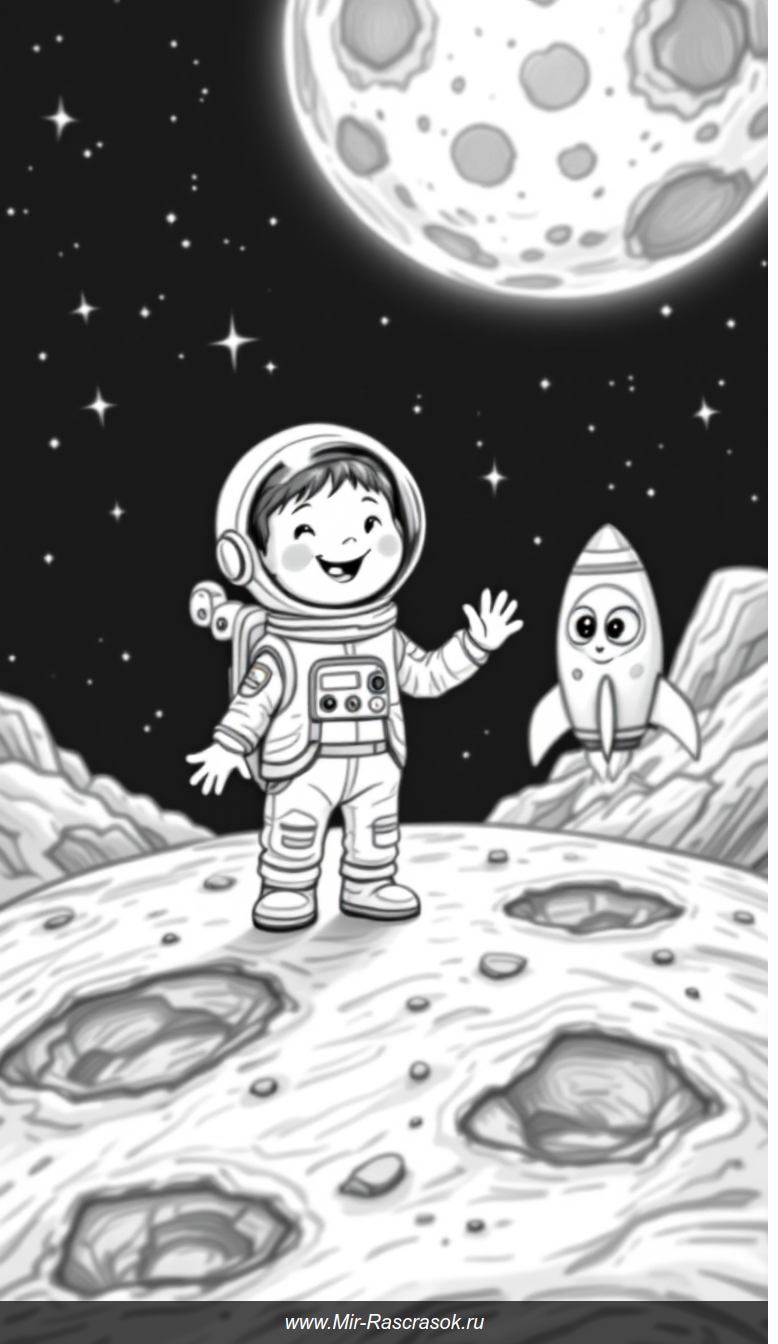 Веселый космонавт на Луне и дружелюбный инопланетянин в книжке-раскраске