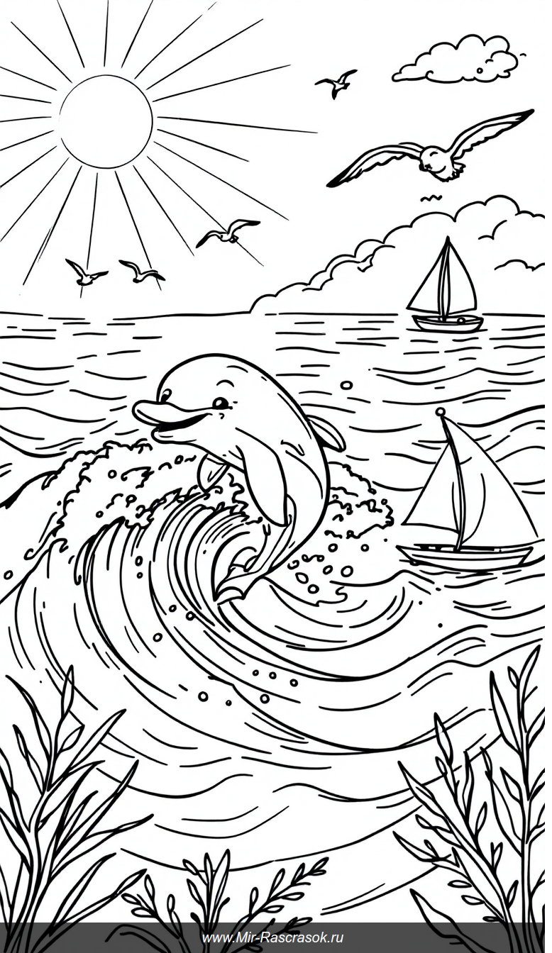 Радостный день у моря для детской раскраски