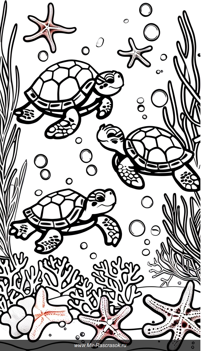 Веселые черепашки в красочную раскраску на подводную тему