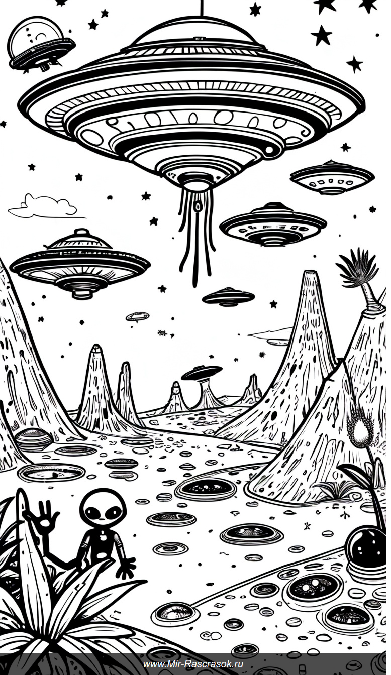 Раскраска с инопланетным пейзажем и дружелюбными пришельцами для творчества