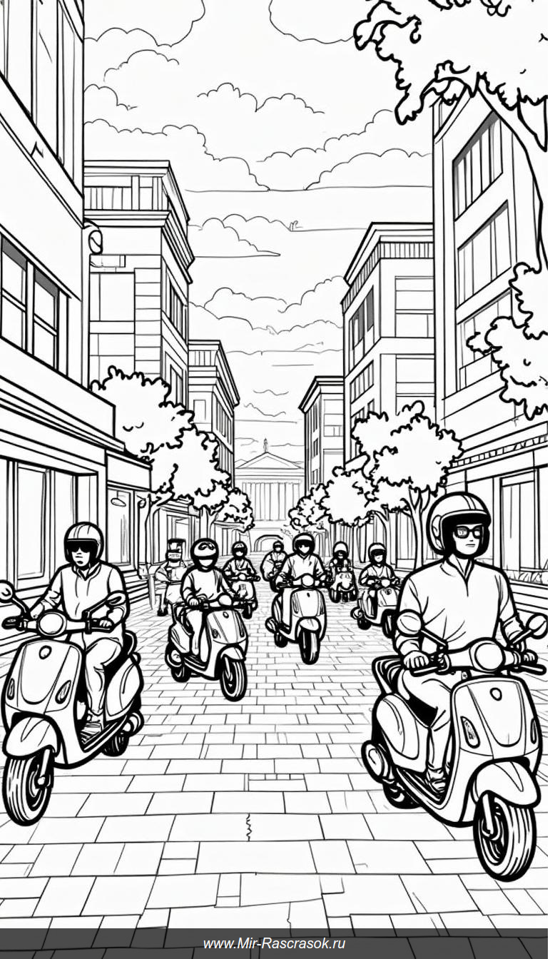 Городская суета на страницах раскраски с мотоциклами