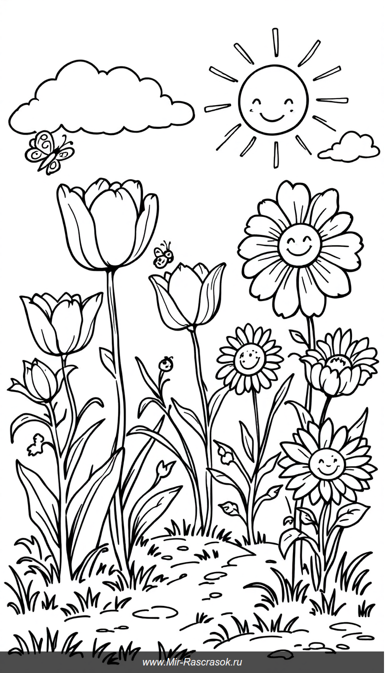 Веселая весенняя раскраска для детей с цветами и солнечным садом