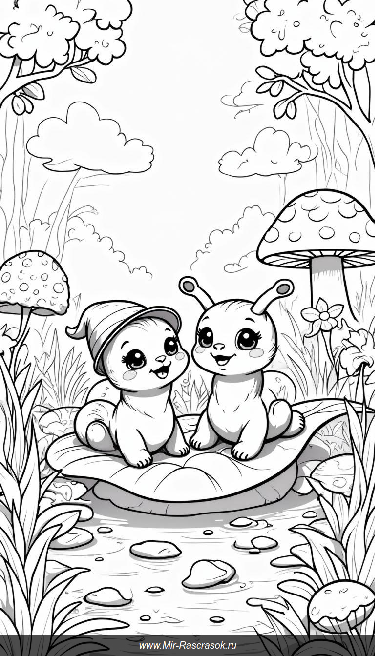 Друзья-улитки на листе в мире волшебных цветов и грибов