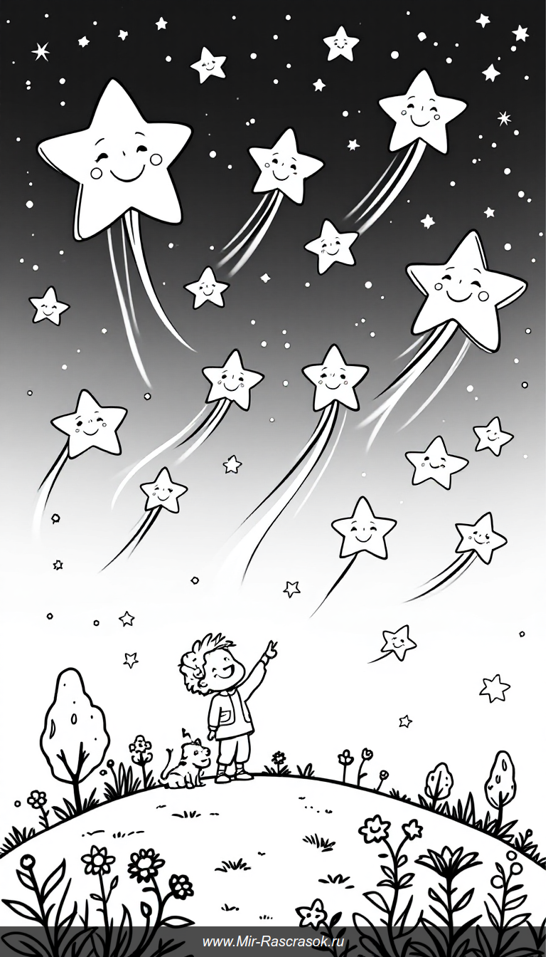 Раскраска с ночным небом и улыбающимися падающими звездами для детей
