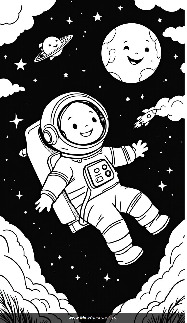 Веселый астронавт в космосе раскраска для вдохновения и радости