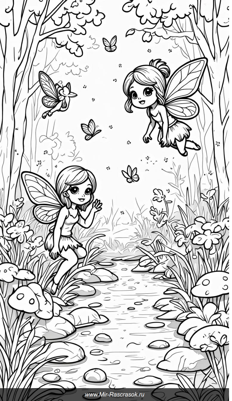 Раскраска волшебного леса с феями для творчества