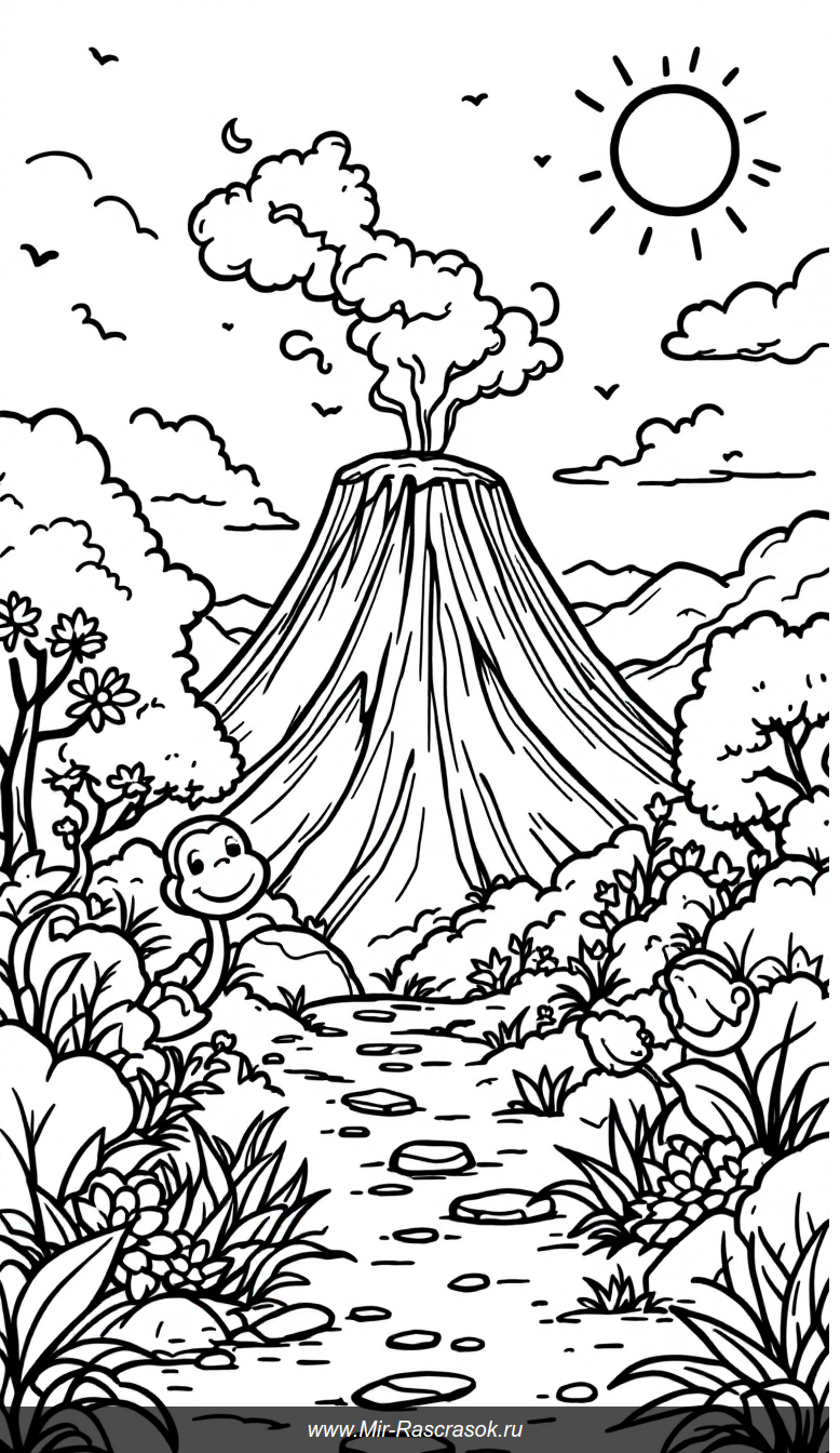 Волшебное приключение у доброго вулкана для детской раскраски