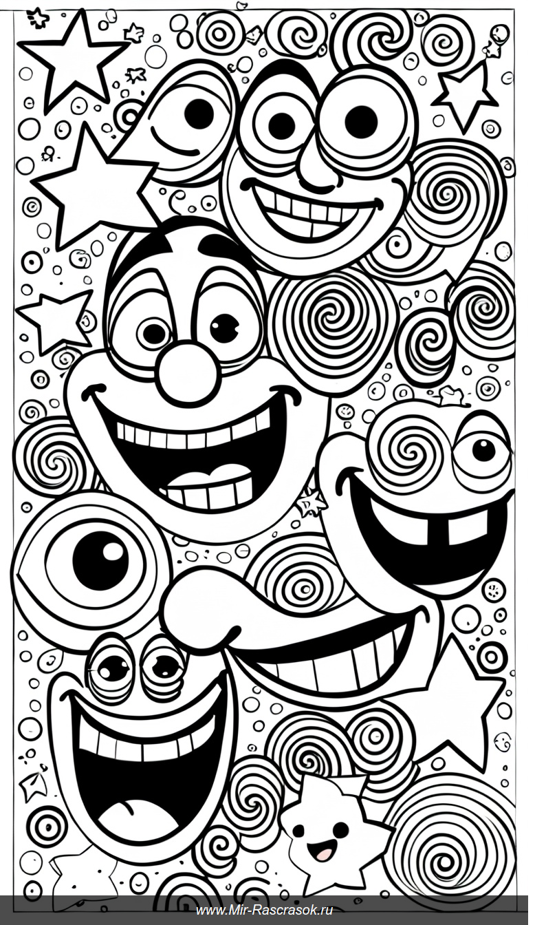 Раскраска с забавными лицами и причудливыми каракулями для весёлого настроения