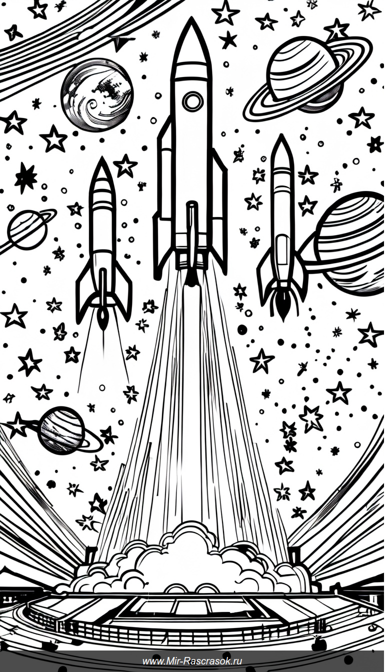 Раскраска с активным космическим пейзажем с ракетами и галактиками